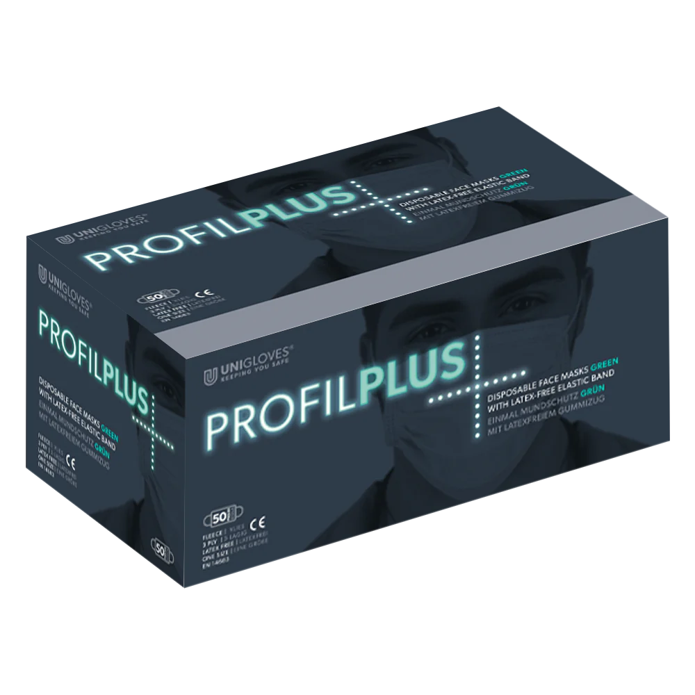 UNIGLOVES Profil Plus – medicīniskās maskas ar elastīgām cilpām, zaļas, 50 gab.