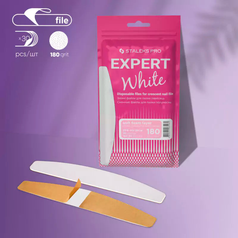 Refill pads for crescent nail file soft based Staleks Pro Expert 40, 180 grit 30 pcs WHITE