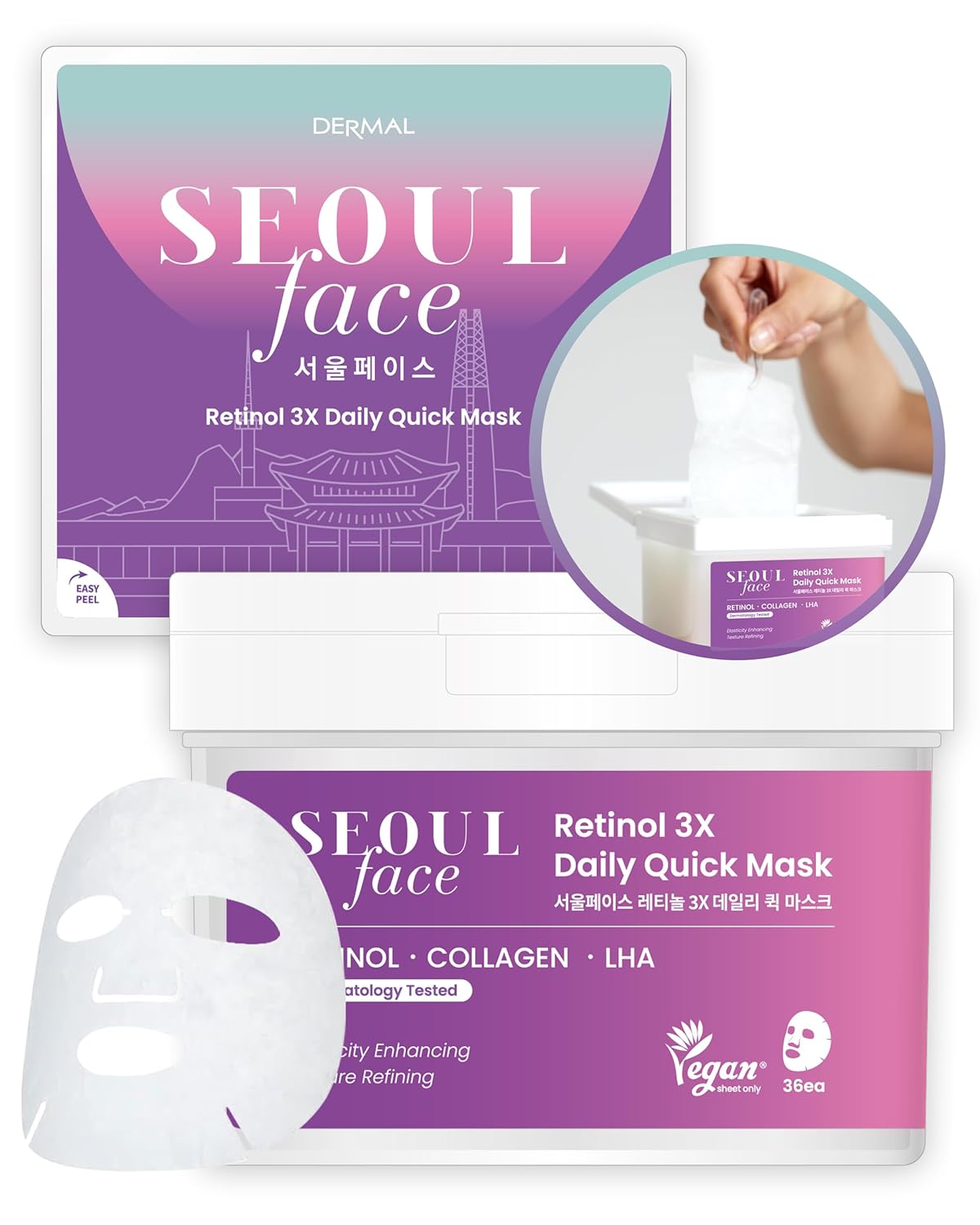 DERMAL Seoul Face Retinol 3X Daily Quick Mask 36pcs — Фото товара 1