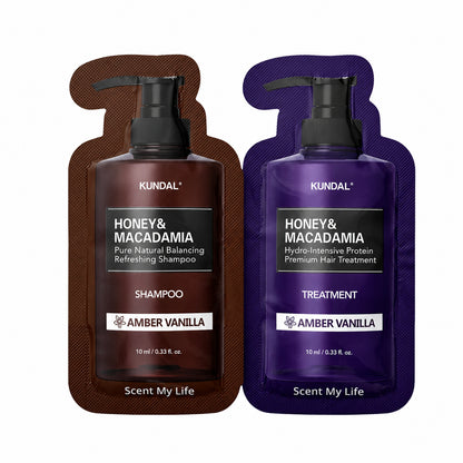 KUNDAL Honey & Macadamia Shampoo & Treatment Set 10ml+10ml — AMBER VANILLA SET