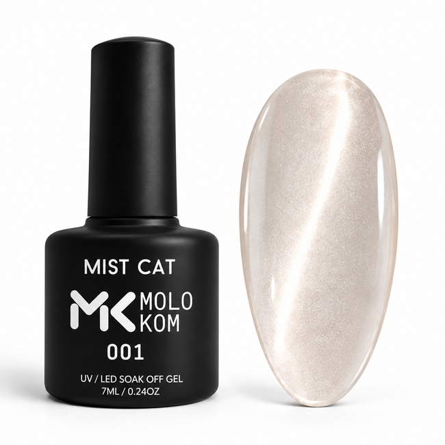 MOLOKOM Mist Cat 001 7 ml — bottle and matching semi-transparent cat-eye colour swatch