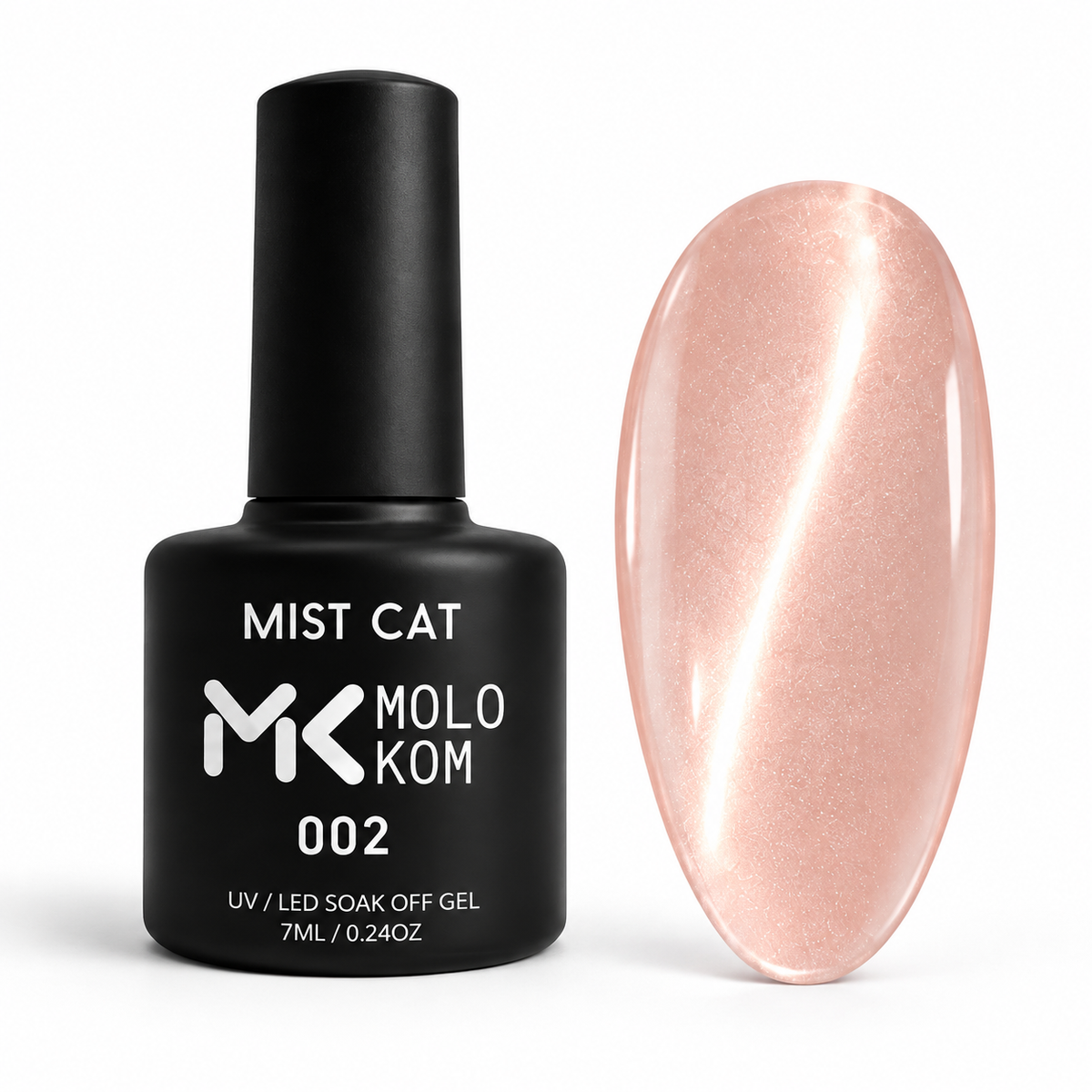 MOLOKOM Mist Cat 002 7 ml — bottle and matching semi-transparent cat-eye colour swatch