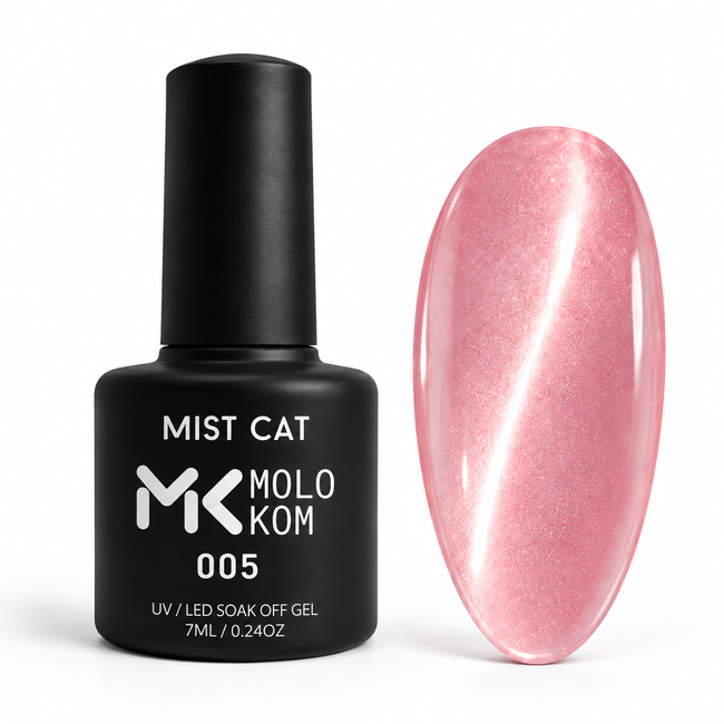 MOLOKOM Mist Cat 005 7 ml — bottle and matching semi-transparent cat-eye colour swatch