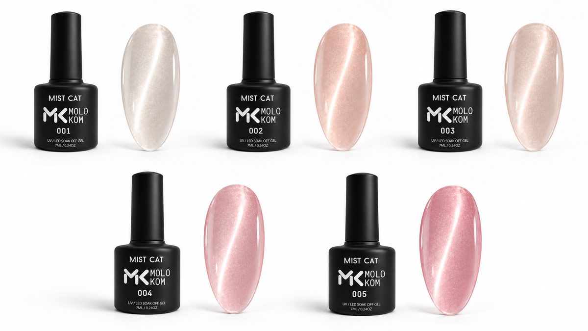 MOLOKOM Mist Cat 001–005 — complete colour range shown for comparison
