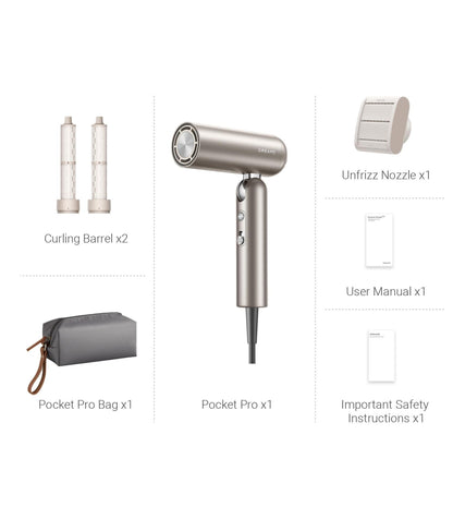 Dreame Pocket Pro AHD51 Pro Hair Dryer — Titanium Gold — product and feature view 2