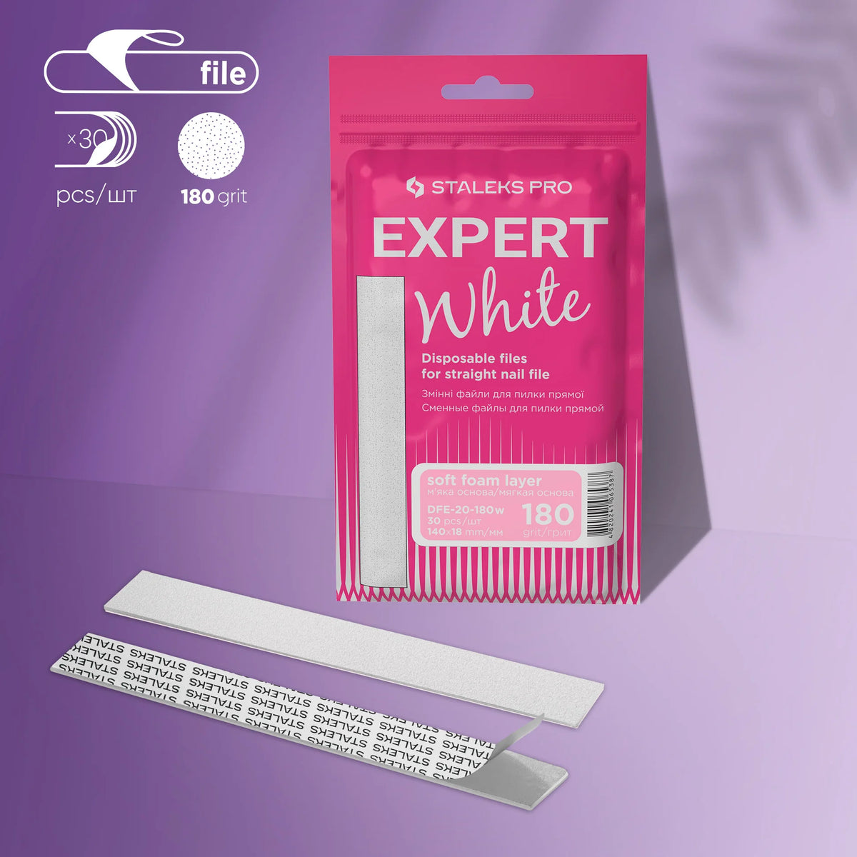 Adhesive nail files for straight base on a soft foam layer STALEKS EXPERT 20, 180 grit (30 pc)
