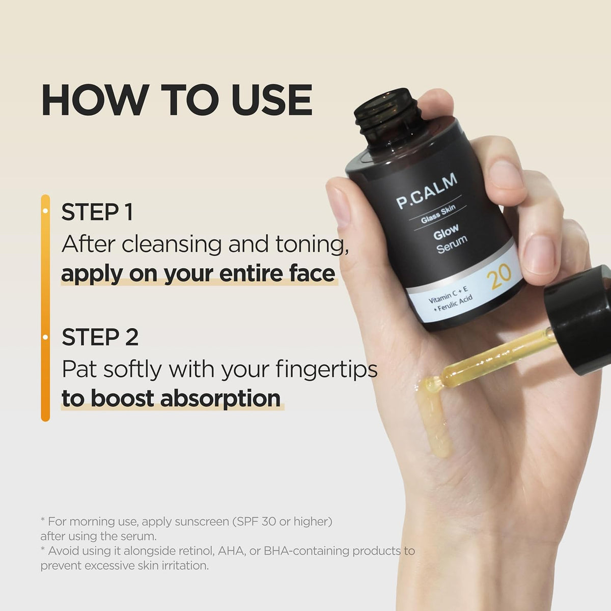P.CALM C vitamīns E Ferulskābe 20 Glow Serums 20 ml — Produkta attēls 5