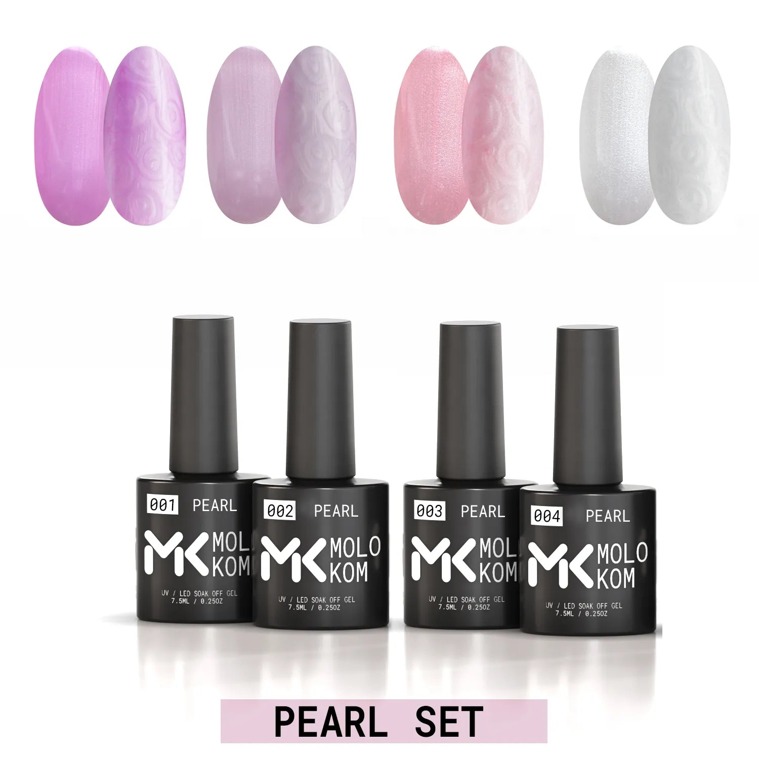 MOLOKOM Pearl collection with four gel polish shades and nail samples